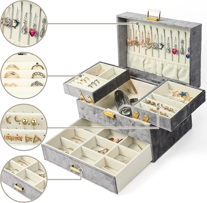 Dajasan Jewelry Organizer Box, Large Velvet Jewelry Boxes for Women Girls, Space-Saving 3 Layers Jewelry Storage Case with Dr
