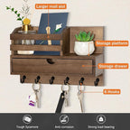 dreampossible Key and Mail Holder for Wall, Mail Organizer Wall Mount with 6 Hooks and Storage Drawer, Wooden Key Rack Hanger