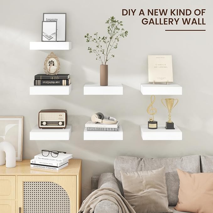 Square Floating Shelves for Wall, 12" W x 12" D x 2" H, 2 Pack of Small Wall Mounted Engineered Wood Shelves with Invisible B