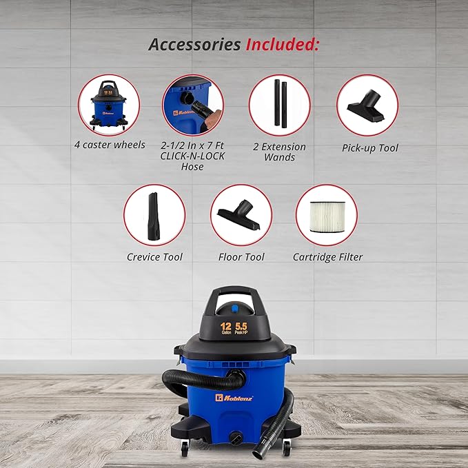 Koblenz Wet-Dry Vacuum, 12 Gallon Tank, 5.5 HP Vacuum Cleaner with 2-1/2" in x 7' Locking Hose, with a Blower Function, Blue/
