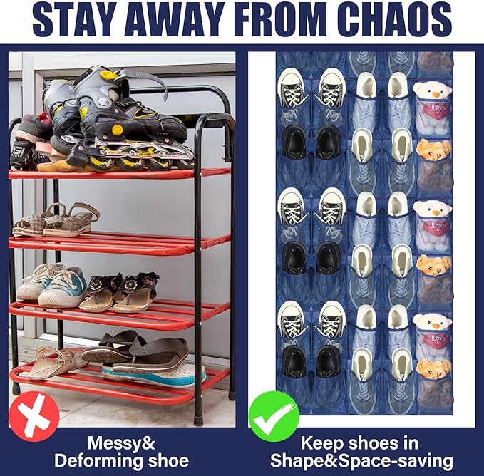 Windyun 40 Large Over the Door Hanging Shoe Organizer Navy Blue Mesh Pockets Shoe Rack for Closet Behind Door Hanger Storage 