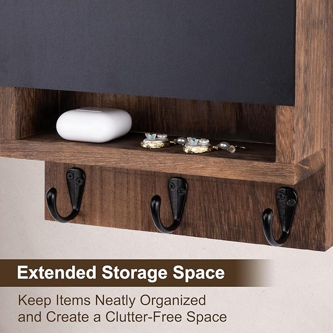 Key and Mail Holder for Wall, Key Holder with Chalkboard and Long Storage Box, Key Hanger with 3 Sturdy Hooks for Coat, Dog L