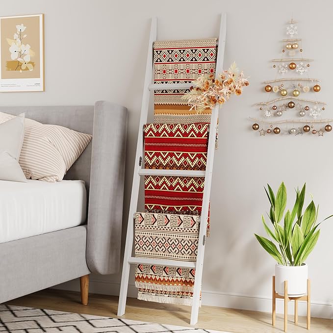 Bamboo Towel Rack 6-Tier Blanket Ladder for Living Room, Bedroom, Bathroom Space-Saving Decorative Ladder for Quilts, Towels 