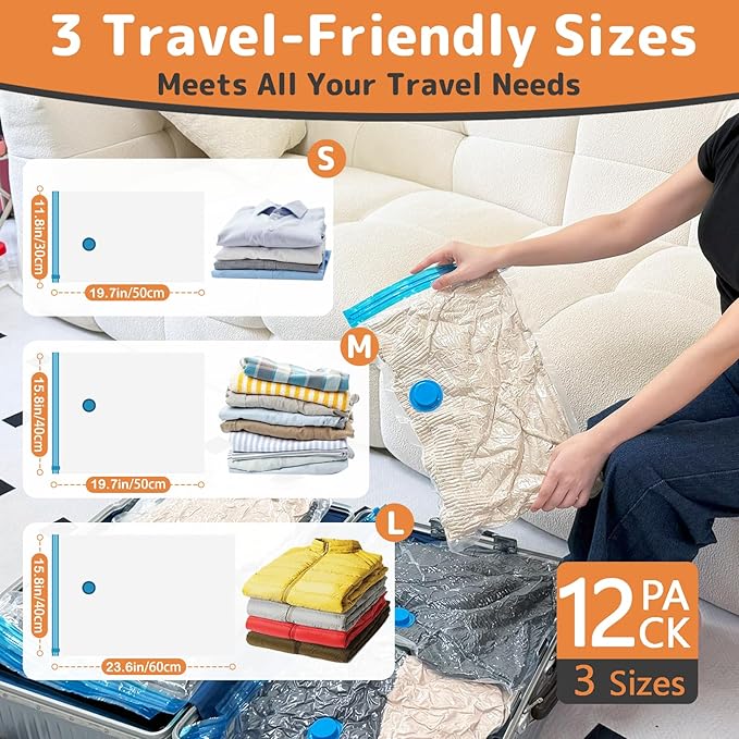 12 Pack Vacuum Bags for Travel with Rechargeable Air Pump, Carry-On Compression Bags for Luggage and Suitcase, Space Saver St