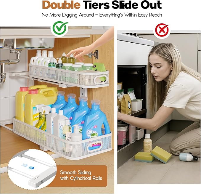 2 Pack 21.3IN-Depth Under Sink Organizer with Smooth Cylindrical Rail,2-Tier Pull Out Multi-Purpose Cabinet Storage for Bathr