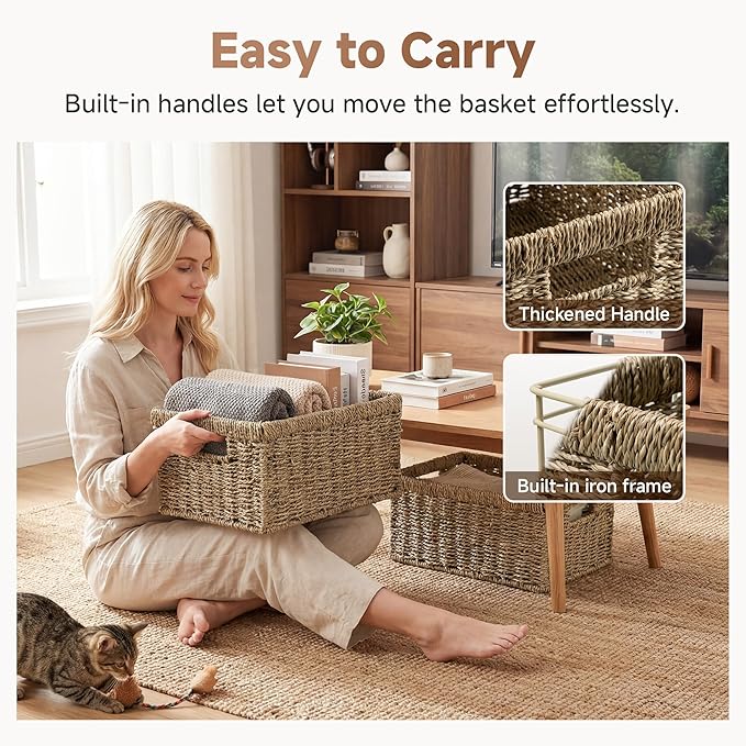 StorageWorks Wicker Storage Baskets, Handwoven Seagrass Basket for Organizing, Decorative Organizers with Built-in Handles, S
