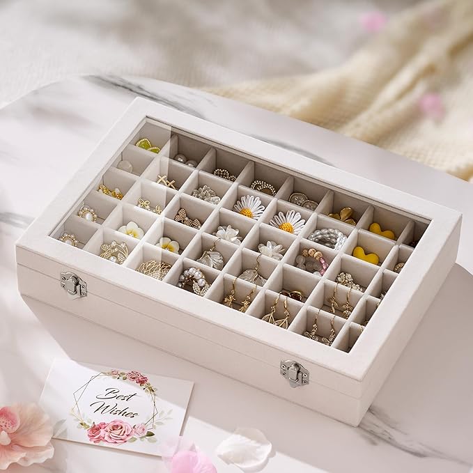 48 Grid Earring Organizer and Storage: Velvet Jewelry Tray with Lid, Jewelry Box for Studs, Earrings, Rings, Necklaces, Dress