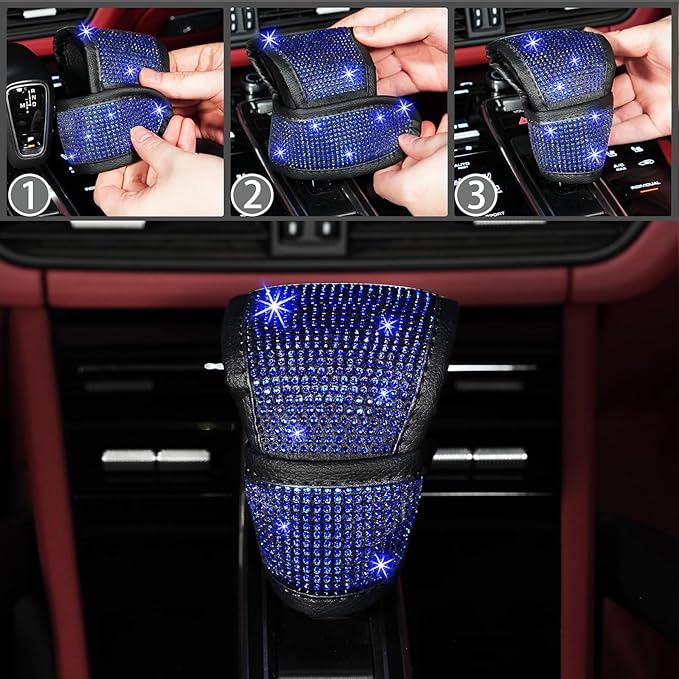 NBTEPEM 30 Pcs Blue Bling Car Accessories Set for Women, Blue Steering Wheel Cover Set, Bling Console Cover, Seat Belt Cushion, Shift Knob Cushion, Cup Coaster, Rhinestone Car Hanging Accessories