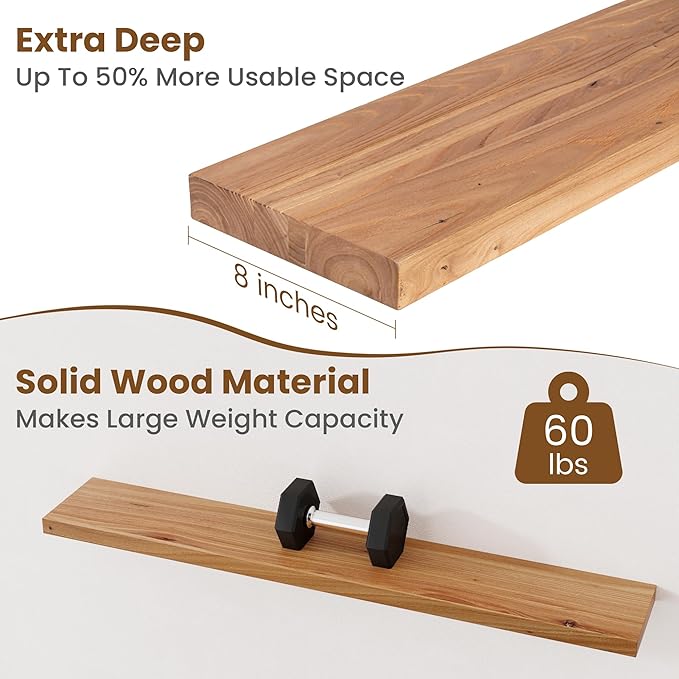 Floating Shelves for Wall Decor, 8" Deep Rustic Solid Elm Wood Floating Shelves Wall Mounted, Wall Shelves with Invisible Bra