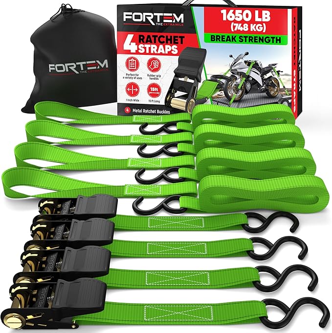 FORTEM Ratchet Straps, Tie Down Strap Set 1650lb Break Strength, 4 Pack 15ft x 1in, 4 Soft Loops, Moving Straps Tie Downs, Cargo Cam Buckles for Trucks, Carry Bag, for Men
