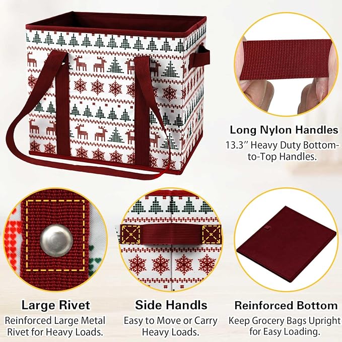 Reusable Grocery Bags 3 Pack - Heavy Duty Reusable Shopping Bags with Hard Bottom & Long Handles, Stand Up Grocery Boxes Reusable Foldable, 13x10.23x11in, Reindeers