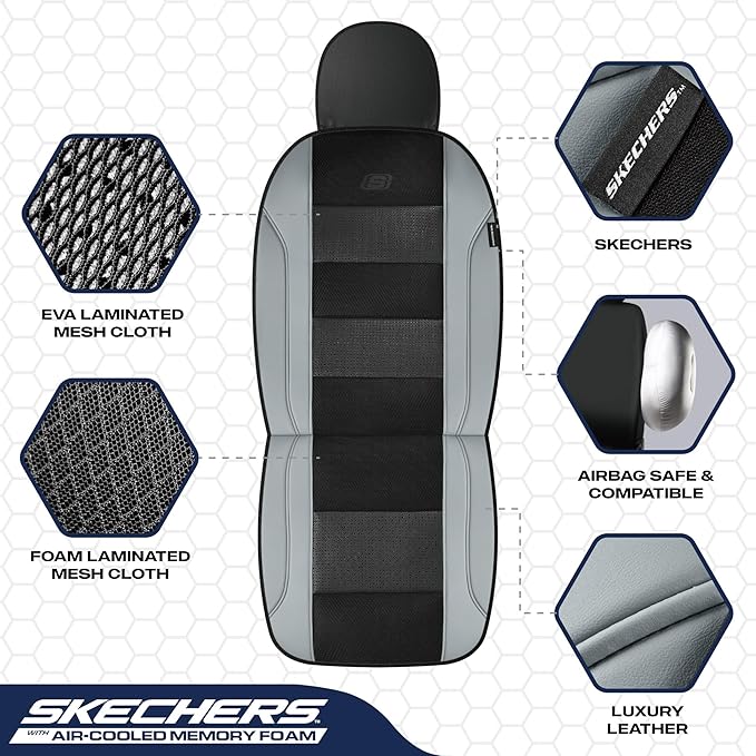 Skechers Men’s Air-Cooled Seat Covers, Memory Foam Car Seat Covers Front Seats, Airbag Compatible,Universal Fit for Most Cars