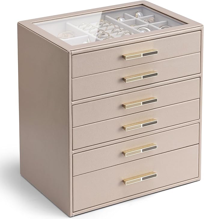 VLANDO 6 Layer Jewelry Box for Women, Glass Lid Jewelry Organizer with 6 Drawers for Necklaces Rings Earrings Bracelets - Tof