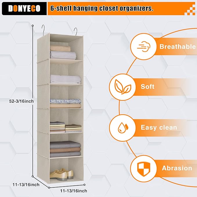 Hanging Closet Organizer, Easy Mount Foldable 6-Shelf Hanging Closet Wardrobe Storage Shelves, Clothes Handbag Shoes Accessor