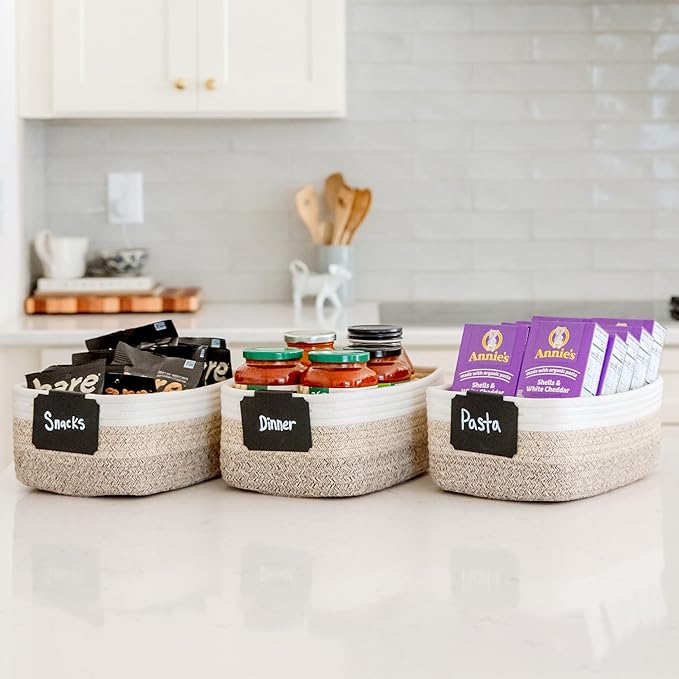 NaturalCozy 11.8"x8"x4.5” Storage Baskets for Shelves 3 Pack | Cotton Rope Woven Small Baskets for Organizing | Small Storage
