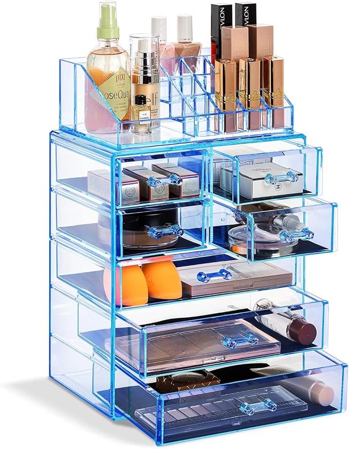 Sorbus Acrylic Makeup Organizer Set, 7-Drawer Vanity & Countertop Cosmetic Storage with Small & Wide Compartments, Blue Brill