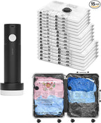 Vacuum Bags for Travel with Rechargeable Pump, 15 Combo (5L/5M/5S) Compression Packing Seal Bags for Luggage Suitcase, Space 
