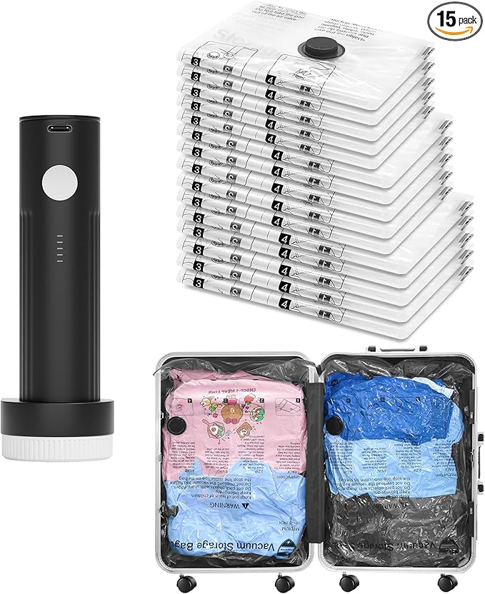 Vacuum Bags for Travel with Rechargeable Pump, 15 Combo (5L/5M/5S) Compression Packing Seal Bags for Luggage Suitcase, Space 