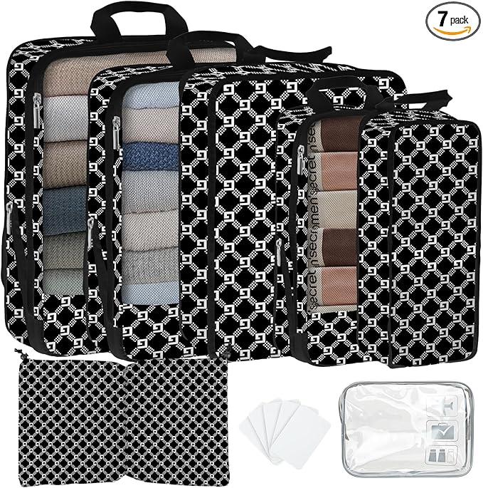 7 Pcs Compression Packing Cubes for Travel, Waterproof Suitcase Luggage Backpack Organizer with Toiletry Bag Travel Essential