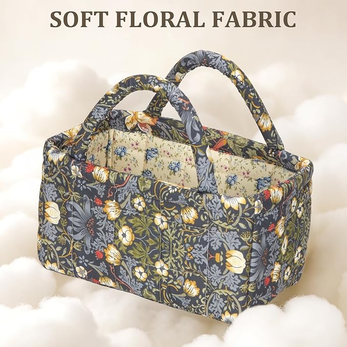 Small Storage Basket Organizer, Mini Fabric Floral Storage Baskets with Handle, Quilted Portable Collapsible Storage (Vine-Bl