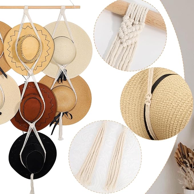 ZYP 7 Hats Style Macrame Hat Hanger Hat Rack for Wall,Women Decor Hat Holder,Bobo Hanging Hat Organizer Storage,Hats Display 