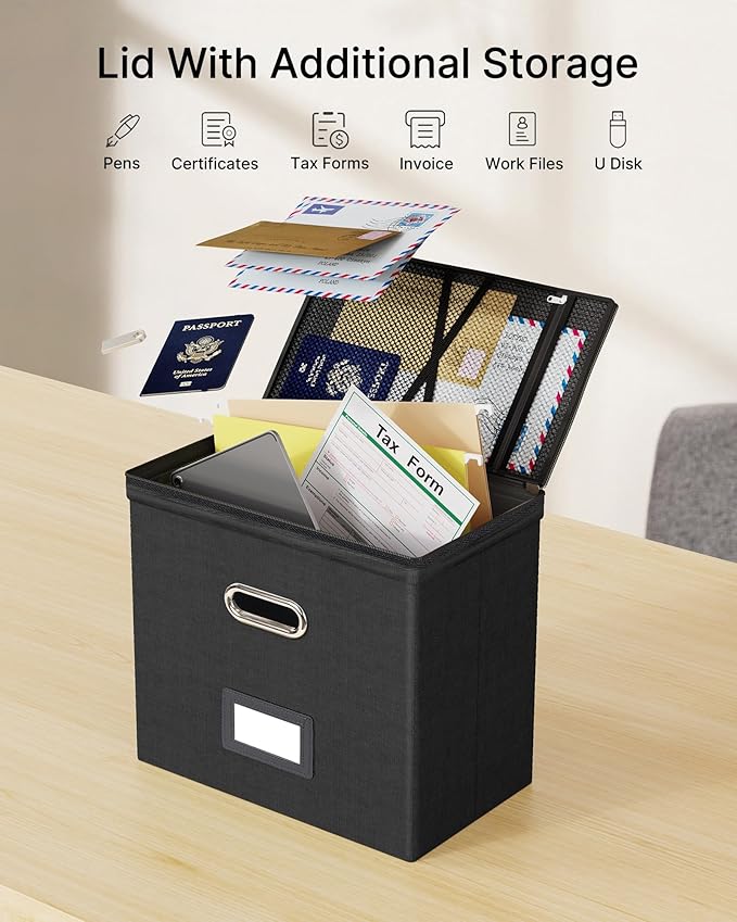 Oterri 2 Pack File Organizer Boxes with Lids, File Box with Mesh Pockets, Document Organizer Box for File Folders Letter Size