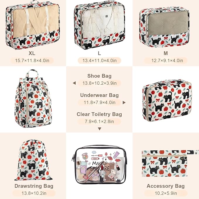 8 Set Packing Cubes for Travel with Clear Toiletry Bag, Durable Luggage Packing Organizers, Carry-On Accessories, TSA Approve