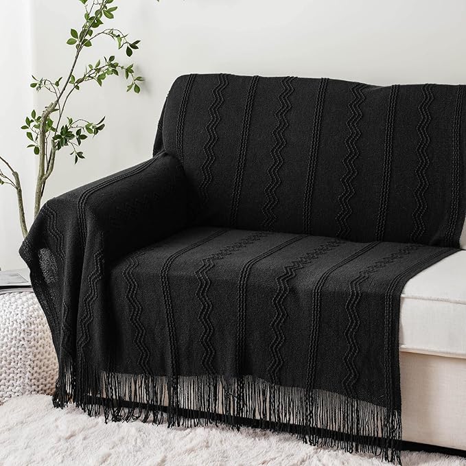 BATTILO HOME Black Throw Blanket with Fringe, Bed Throws for Home Decor, Decorative Black Knit Throw for Couch Sofa, 50"x60"