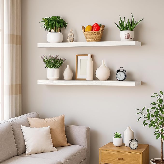 BGMG Wood Floating Shelves for Wall 30 inch Set of 2,White Floating Shelves,Solid Wood Wall Mount Shelves for Bathroom Living