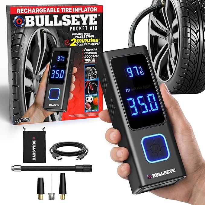 POCKET AIR Tire Inflator Portable Air Compressor by Bullseye Pro for Tires, Balls, Bike with Persta Valve, Auto Shut Off, Inflates in 2 Min, Cordless Rechargeable 4000MAH,100 PSI, SoS Light