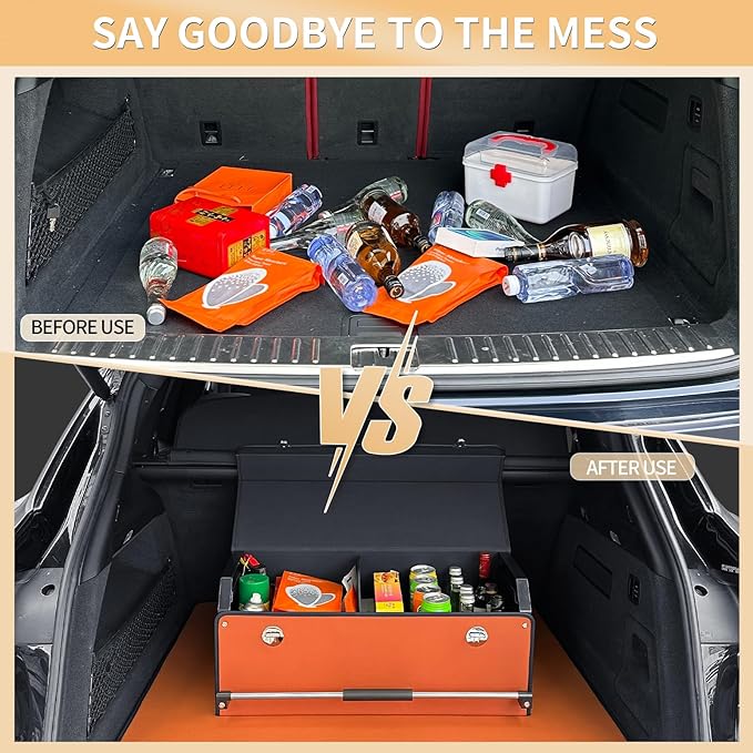 XCF Car Trunk Organizer for SUV, Collapsible Leather Car Storage Trunk Organizer with Lid and Sturdy Handle Car Trunk Leather