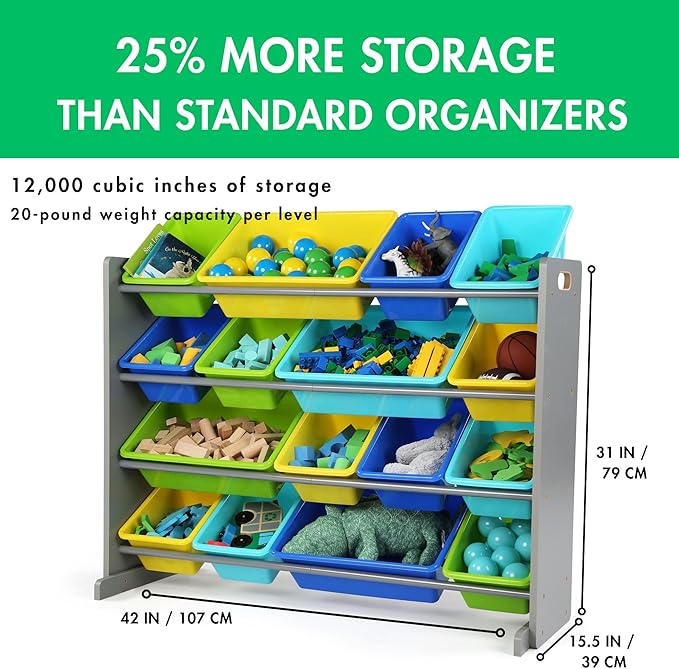 Humble Crew Supersized Toy Storage Organizer with 16 Removable Bins, Grey/Blue/Green/Yellow – Large Toy Storage for Toddlers 