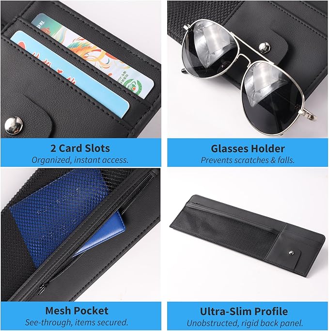 2 Packs Car Sun Visor Organizer with Pocket, Slim Leather Sun Visor Storage Pouch with Zipper, Mesh Pocket, Card Sleeves, Visor Sunglasses Holder for Cars, SUVs, Trucks, Sedan Universal Fit (Black)