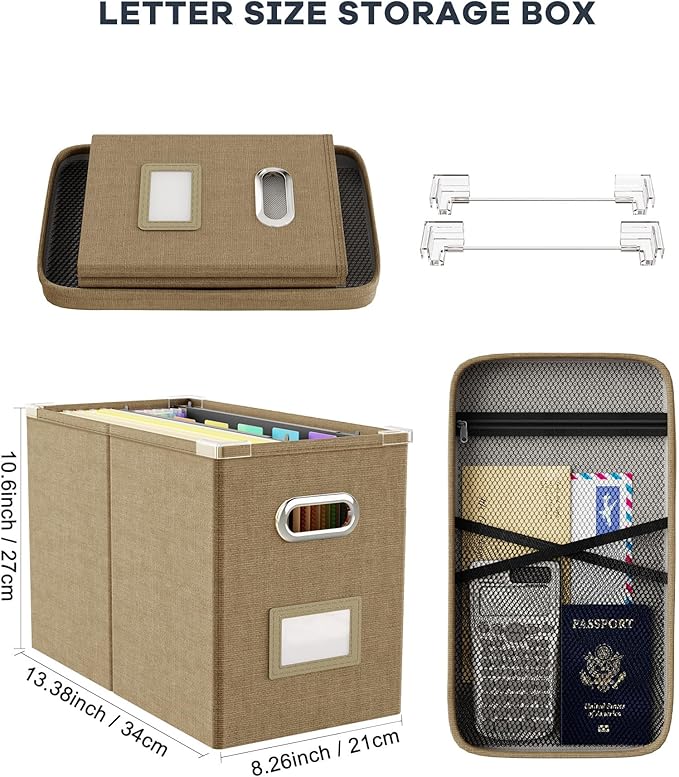 Oterri File Organizer Box with Lid, Hanging Filing File Box with Mesh Pocket, Document Organizer Box for Letter Files, Portab