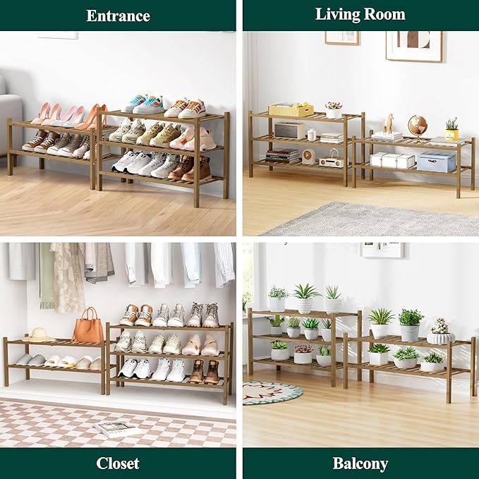 Smiry Bamboo Shoe Rack for Closet, 4 Tier Wooden Stackable Shoe Organizer, Free Standing Shoes Storage Shelf for Entryway, Fr
