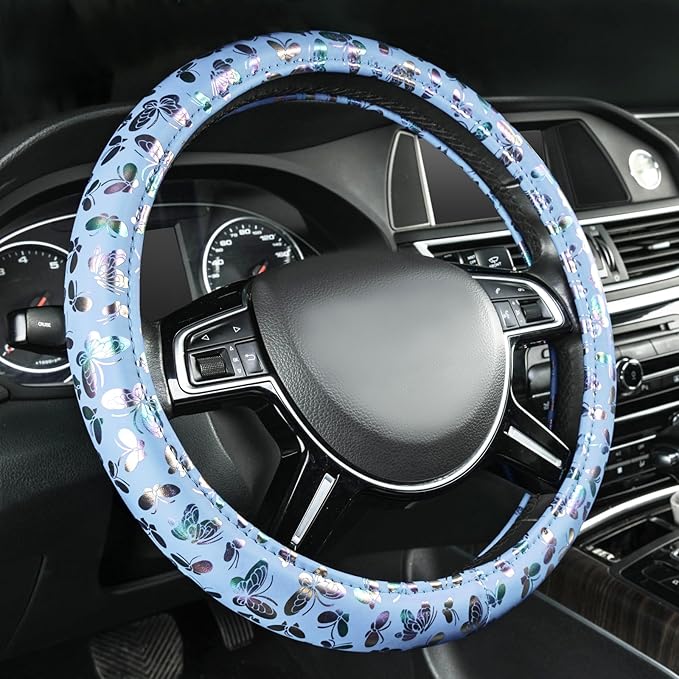 CAR-GRAND Shining Butterfly Leather Steering Wheel Cover, Universal 14.5-15 Inch Anti-Slip Odorless Colorful Car Wheel Protec