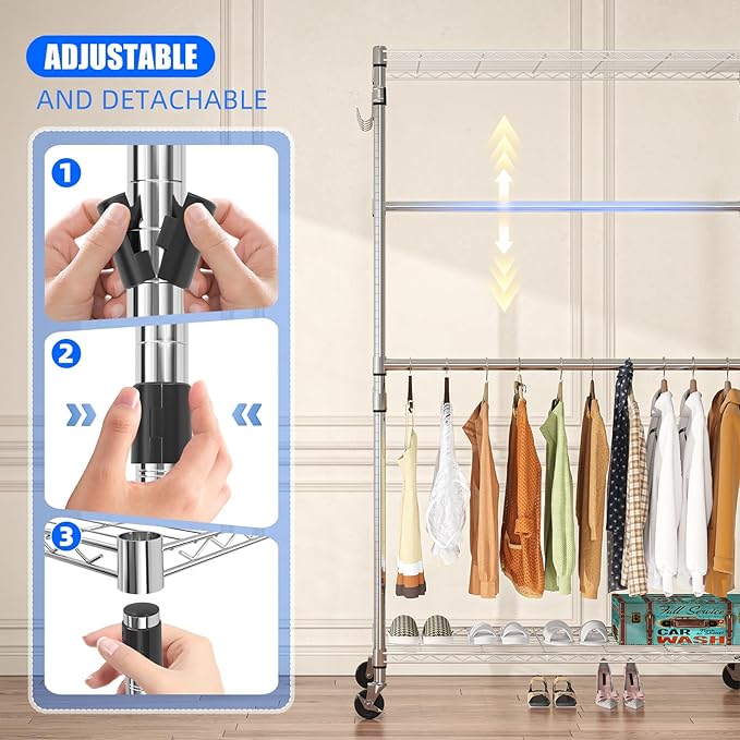 Simple Trending Rolling Clothes Rack, Clothing Rack, Garment Racks for Hanging Clothes, Freestanding Portable Closet Organize