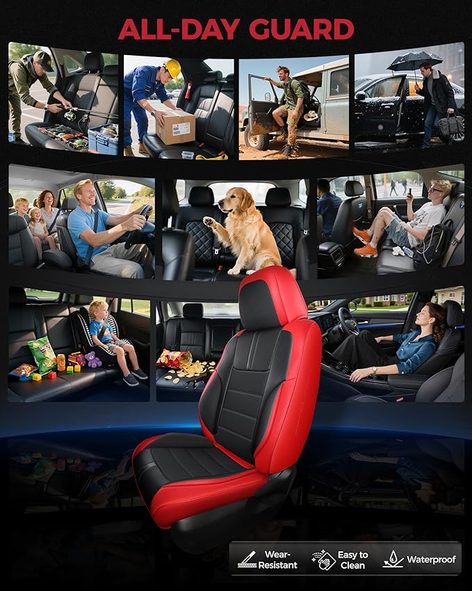 FREESOO Red Black Car Seat Covers Full Set - Faux Nappa Leather Seat Covers for Cars, with Front Seatbelt Pads, Breathable In