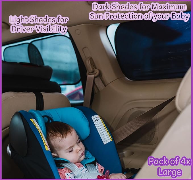 Car Window Shades - Certified 99.79% UVA & 99.95% UVB sun protection. Award winning car sun shade for side windows. 4 Pack (2 Transparency options) 22" x 14" -window shade for car baby by Kinder Fluff