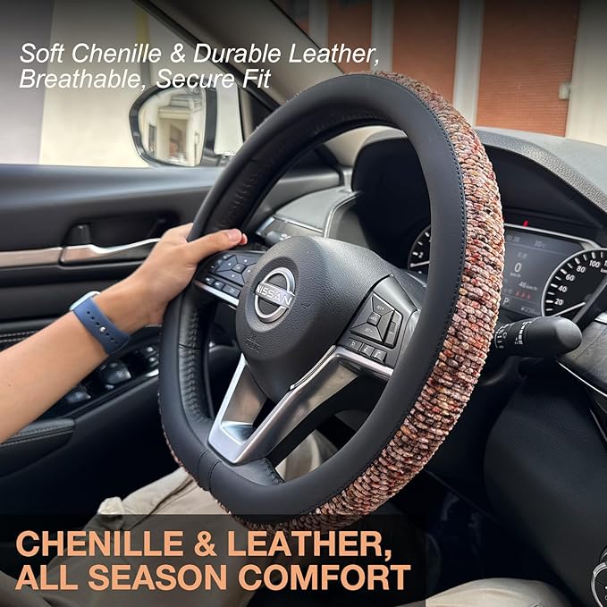 PINCTROT D Shaped Chenille Leather Steering Wheel Cover, Soft Mottled Colors, Sweat-Proof, Non-Slip Grip, All-Season Comfort,