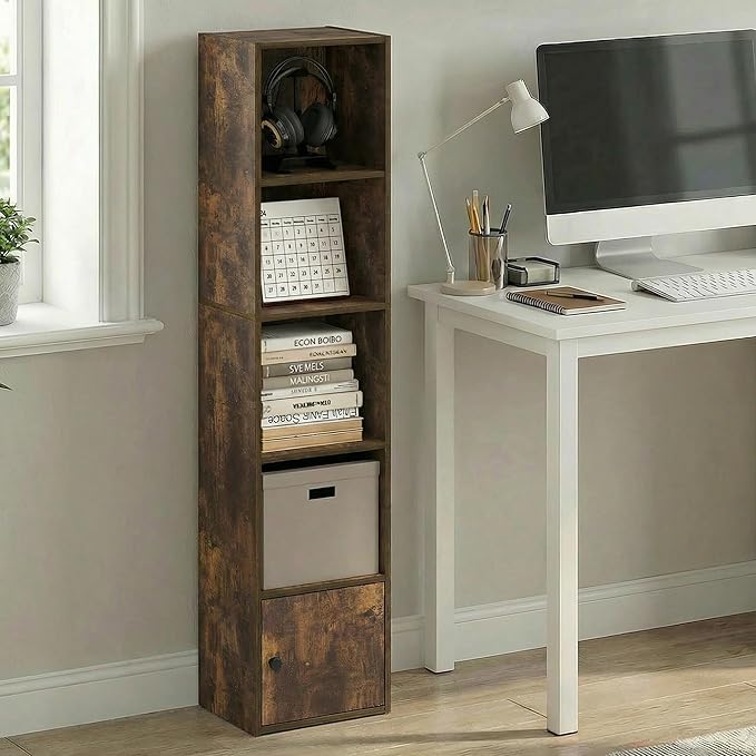 Furinno LUDER Book Shelf, 5-Tier Bookshelf with Open Shelf, Standing Bookcase with 1 Door Cabinet, 9.3 x 12 x 52, for Organiz