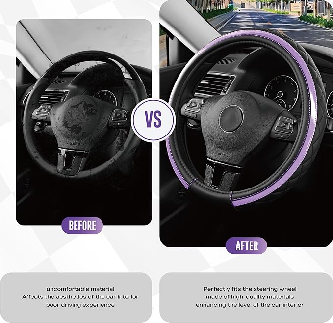 Road Comforts Leather Steering Wheel Cover – Black & Purple, Universal Fit 14.5-15 Inch, Microfiber Leather, Anti-Slip & Brea
