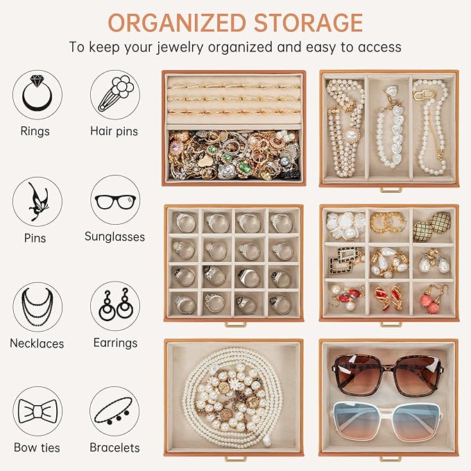 AKOZLIN 6-Tier Jewelry Box Organizer Functional 5 Drawers Leather Jewelry Storage Case for Women Girls Ring Necklace Earring 