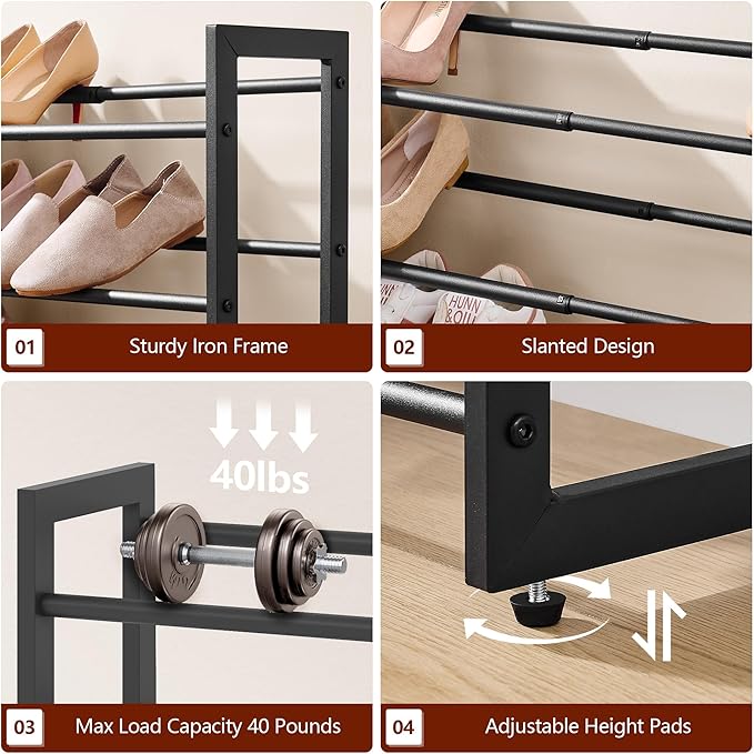 FAVOOSTY 3-Tier Expandable Shoe Rack, Adjustable Shoe Shelf Storage Organizer Space Saving Metal Free Standing Shoe Rack for 