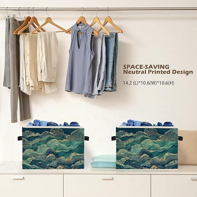 Abstract Waves Japanese Storage Box Bins, Blue and Green Oriental Japandi Collapsible Storage Basket Organizer for Bedroom La