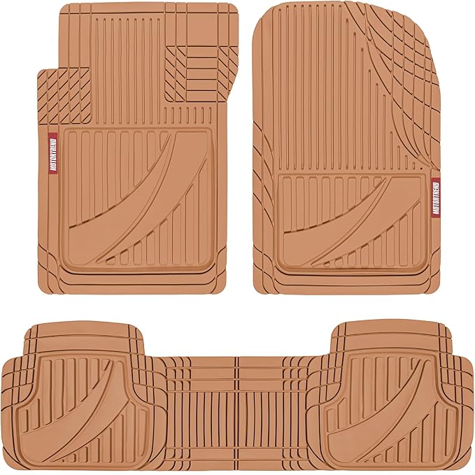 Motor Trend FlexTough™ Advanced Beige Rubber Car Floor Mats – Heavy Duty Trim to Fit All Weather Floor Mats for Cars Truck SUV - Automotive Car Interior Floor Liner Protection - Universal Fit