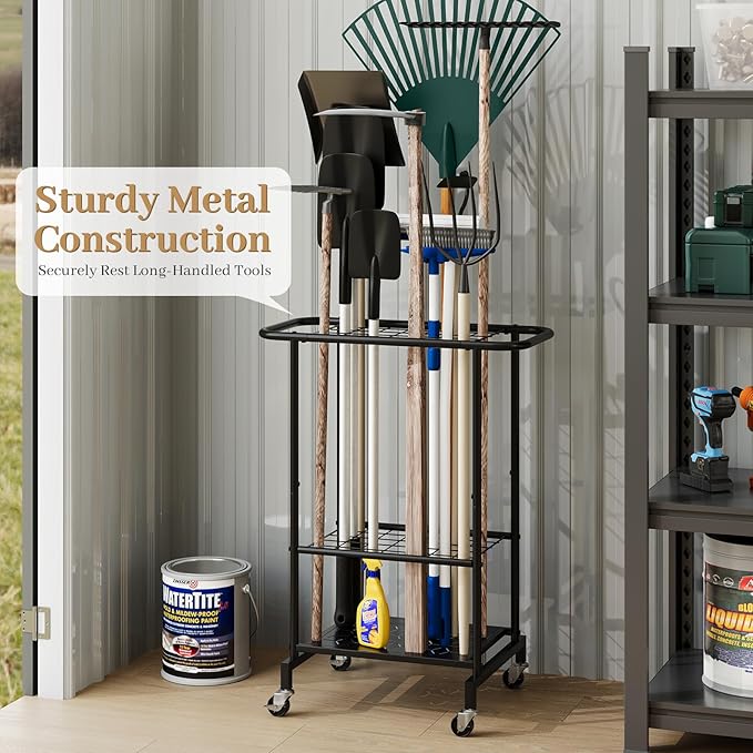 Garden Tool Organizer with Wheels, Heavy Duty Metal Garage Tool Storage Rack, Yard Tool Holder for Long-Handled Tools, Rakes 