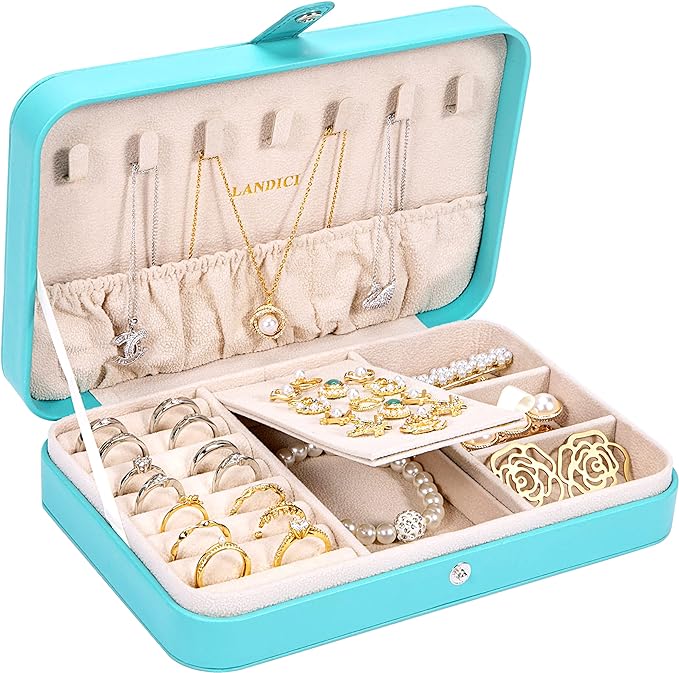 LANDICI Small Jewelry Box for Women Girls, PU Leather Travel Jewelry Organizer Case, Portable Jewellery Storage Holder Displa
