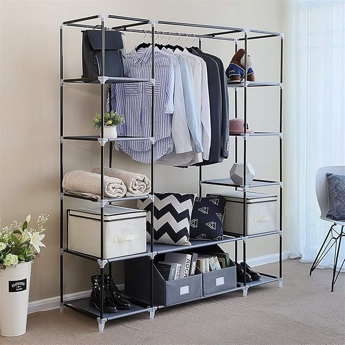 lapday 59 inches Portable Closet Wardrobe, Non-Woven Fabric Closet Storage Organizer with Hanging Rods &12 Storage Shelves, Q