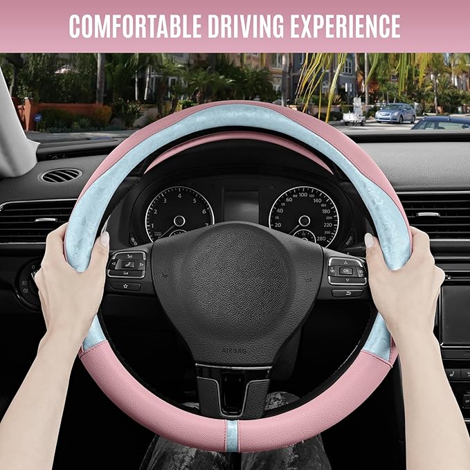 PIC AUTO Steering Wheel Cover, Light Blue Patterned & Pink Leather Patchwork Design, Universal Fit 14.5"–15.5", Anti-Slip, Od
